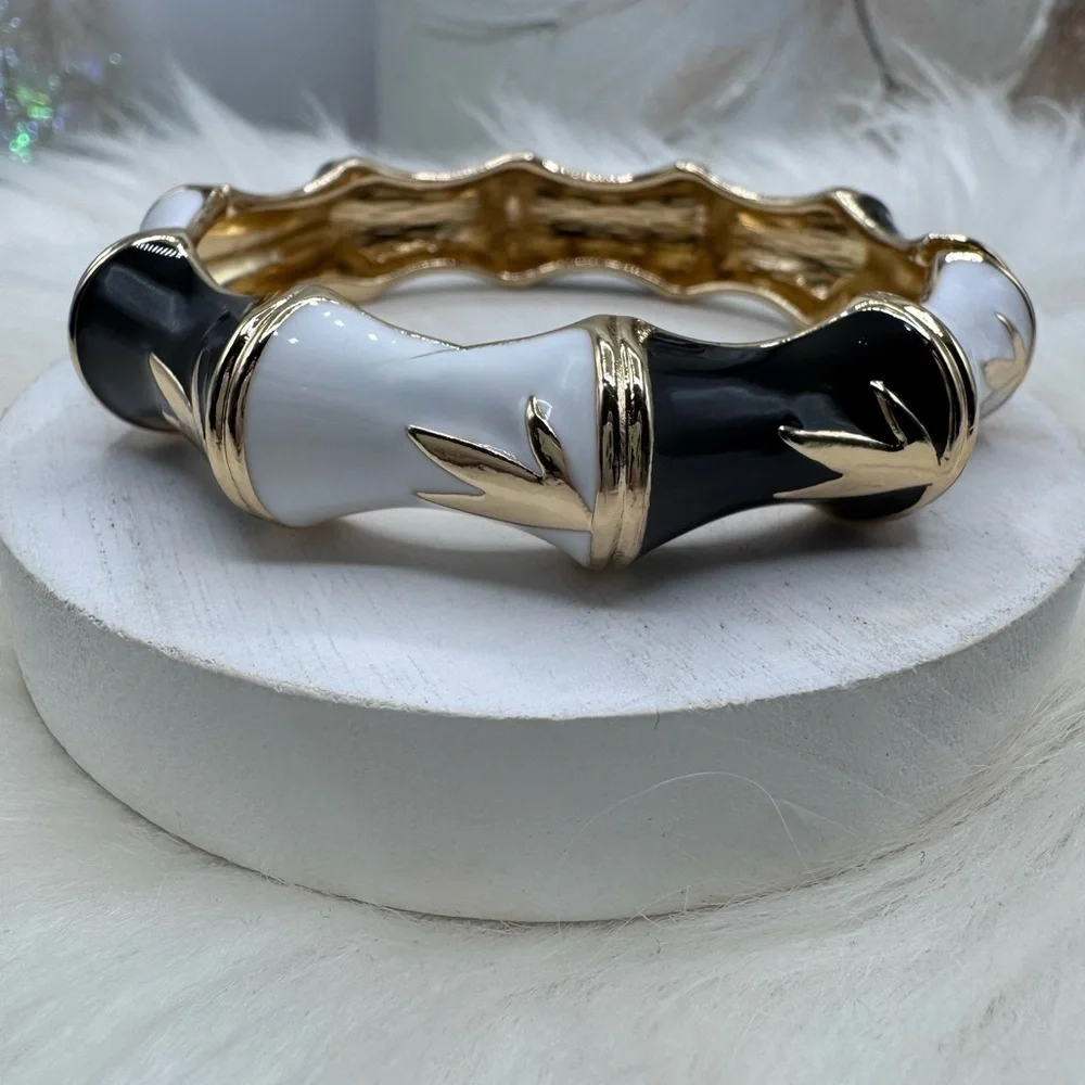 Black, Gold & White Design Thick Enamel Bangle Bracelet